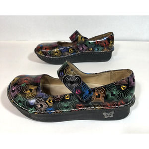 Alegria Black Mary Jane Clogs with Multicolor Heart Print